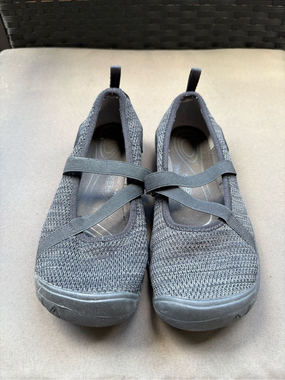 Keen Black Knit Slip-On Flats with Cross Straps